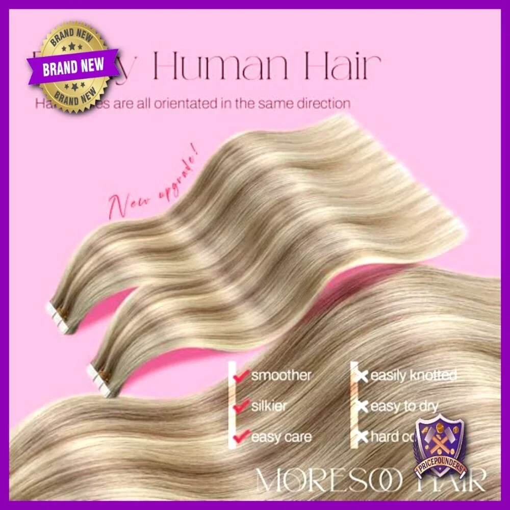 18 Inch Human Hair Tape-In Extensions, Seamless Skin Weft, 20 Pieces